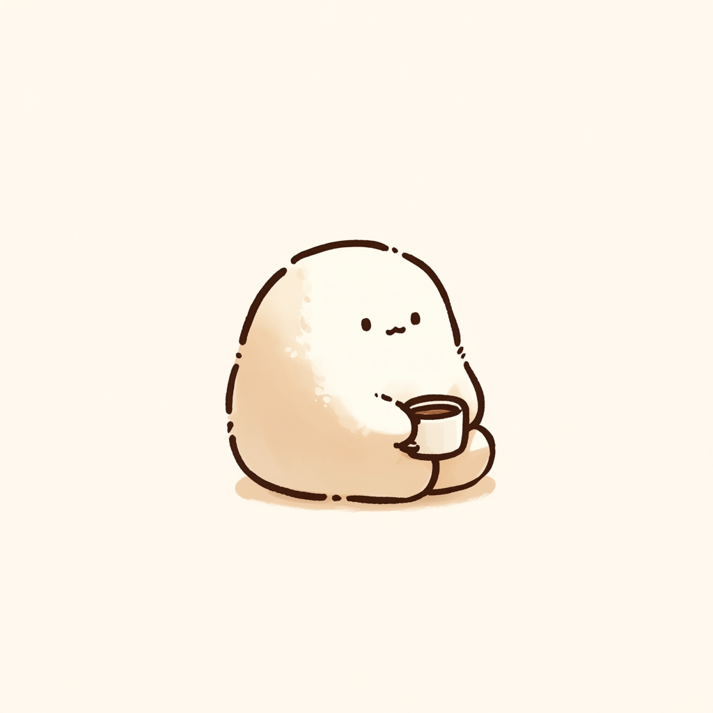 コーヒーカップを持った、やわらかな雰囲気のキャラクターイラスト